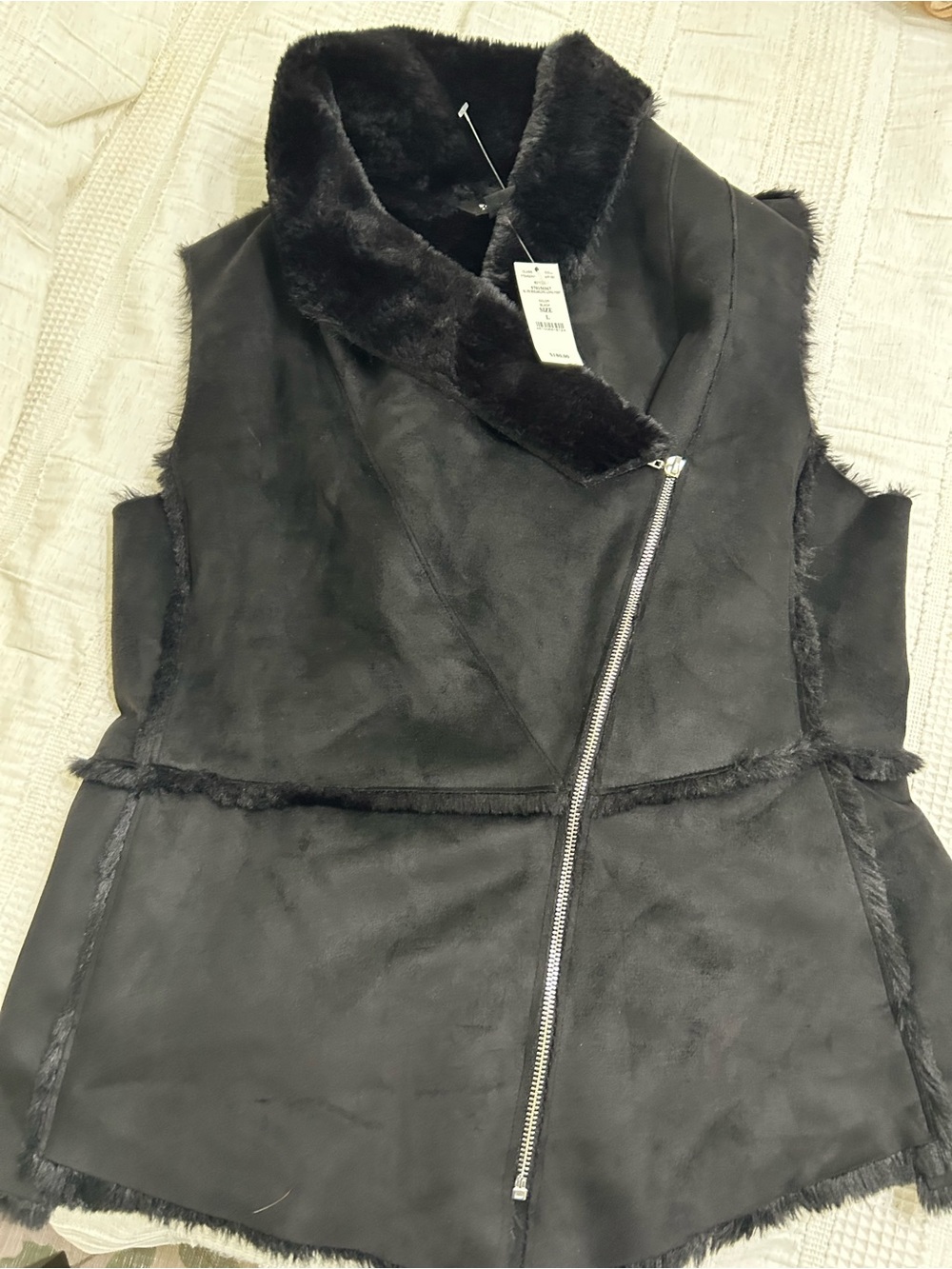 WHBM Women's Black Faux-Shearling Asymmetric Zip Vest